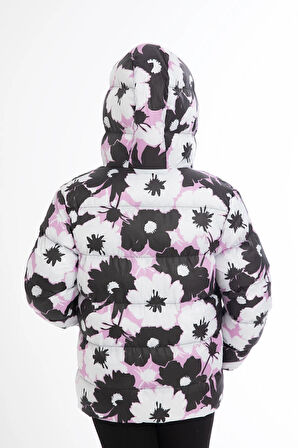 Kız Çocuk Kar Tanesi Desen Polar Su ve Rüzgar Geçirmez Kapüşonlu Cepli Şişme Kışlık Mont