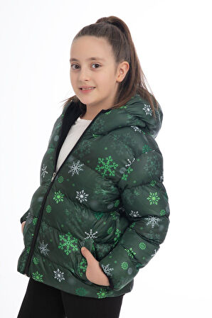 Kız Çocuk Kar Tanesi Desen Polar Su ve Rüzgar Geçirmez Kapüşonlu Cepli Şişme Kışlık Mont