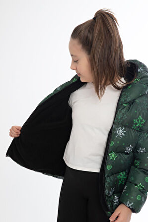 Kız Çocuk Kar Tanesi Desen Polar Su ve Rüzgar Geçirmez Kapüşonlu Cepli Şişme Kışlık Mont