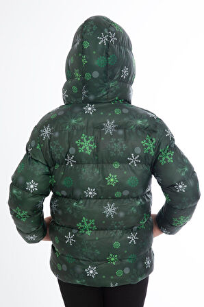 Kız Çocuk Kar Tanesi Desen Polar Su ve Rüzgar Geçirmez Kapüşonlu Cepli Şişme Kışlık Mont