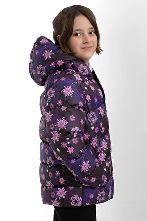 Kız Çocuk Kar Tanesi Desen Polar Su ve Rüzgar Geçirmez Kapüşonlu Cepli Şişme Kışlık Mont