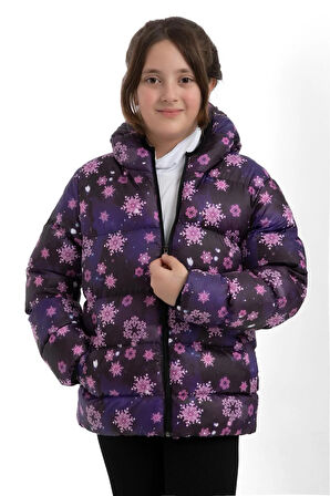 Kız Çocuk Kar Tanesi Desen Polar Su ve Rüzgar Geçirmez Kapüşonlu Cepli Şişme Kışlık Mont