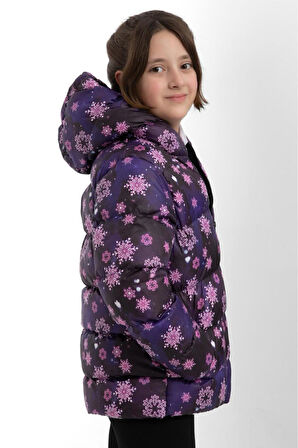 Kız Çocuk Kar Tanesi Desen Polar Su ve Rüzgar Geçirmez Kapüşonlu Cepli Şişme Kışlık Mont