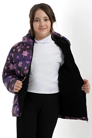 Kız Çocuk Kar Tanesi Desen Polar Su ve Rüzgar Geçirmez Kapüşonlu Cepli Şişme Kışlık Mont