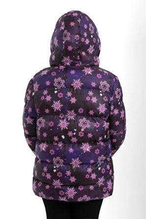 Kız Çocuk Kar Tanesi Desen Polar Su ve Rüzgar Geçirmez Kapüşonlu Cepli Şişme Kışlık Mont