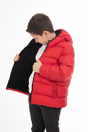 Erkek Çocuk Polarlı Kapüşonlu Su Geçirmez Rüzgara Dayanıklı Cepli Şişme Kışlık Mont