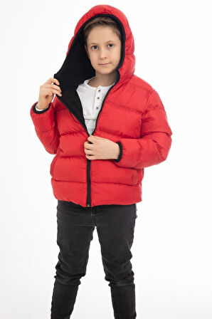 Erkek Çocuk Polarlı Kapüşonlu Su Geçirmez Rüzgara Dayanıklı Cepli Şişme Kışlık Mont