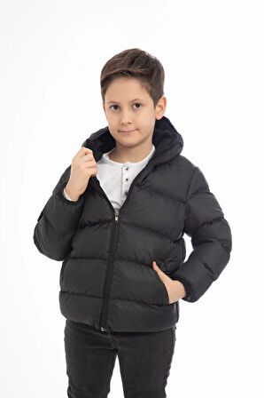 Erkek Çocuk Polarlı Kapüşonlu Su Geçirmez Rüzgara Dayanıklı Cepli Şişme Kışlık Mont