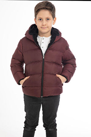 Erkek Çocuk Polarlı Kapüşonlu Su Geçirmez Rüzgara Dayanıklı Cepli Şişme Kışlık Mont