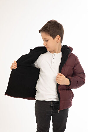 Erkek Çocuk Polarlı Kapüşonlu Su Geçirmez Rüzgara Dayanıklı Cepli Şişme Kışlık Mont