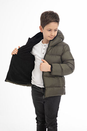 Erkek Çocuk Polarlı Kapüşonlu Su Geçirmez Rüzgara Dayanıklı Cepli Şişme Kışlık Mont