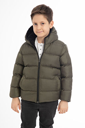 Erkek Çocuk Polarlı Kapüşonlu Su Geçirmez Rüzgara Dayanıklı Cepli Şişme Kışlık Mont