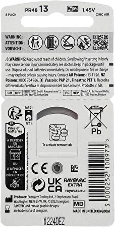 Rayovac Extra 13 Numara İşitme Cihazı Pili, Kulaklık Pili, Duyma Pili, Kulak Pili, Kulak Cihazı Pili 8 Adet Tek Pil