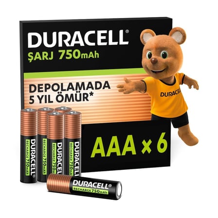 DURACELL ŞARJ EDİLEBİLİR AAA İnce Kalem Pil (6'lı Paket) – 750 mAh