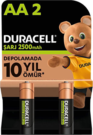 Duracell Şarj Edilebilir AA Kalem Pil (2'li Paket), 2500 mAh NiMH, Önceden Sarj Edilmiş, Şarj Edilebilir Pil