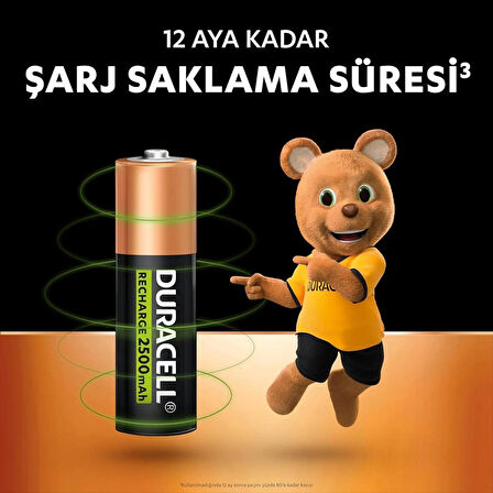 Duracell Şarj Edilebilir AA Kalem Pil (2'li Paket), 2500 mAh NiMH, Önceden Sarj Edilmiş, Şarj Edilebilir Pil