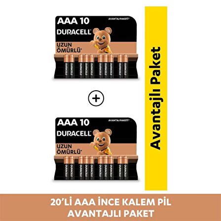 Duracell Alkalin AAA İnce Kalem Piller, 20'li Paket