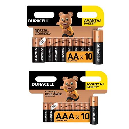 Duracell Alkalin AAA 10'lu Paket + Alkalin AA 10'lu Paket Piller