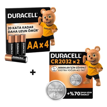 DURACELL BASIC AA Alkalin Kalem Pil (4'lü Paket) & CR 2032 Lityum Düğme Pil (2'li Paket)