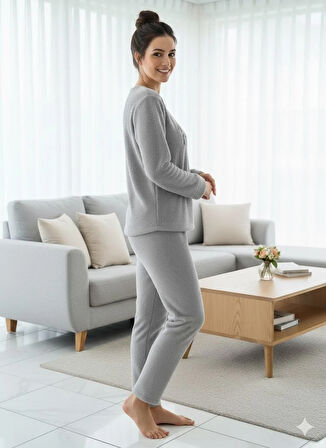 KADIN GRİ POLAR PİJAMA TAKIM