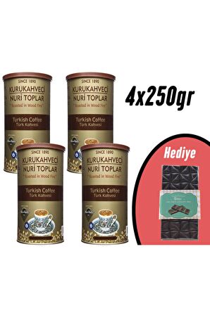 Nuri Toplar Yuvarlak Teneke Kutuda Türk Kahvesi 4x250 gr (BİTTER ÇİKOLATA HEDİYELİ)