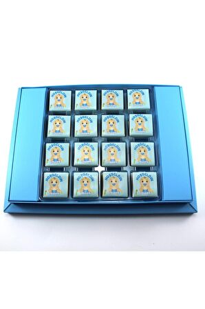 Dark Brown Hoşgeldin Bebek Çikolatası 48 Madlen ve Badem Drajeli Erkek Bebek Doğum Hediyesi