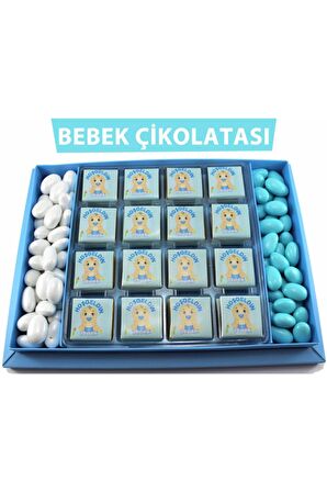 Dark Brown Hoşgeldin Bebek Çikolatası 48 Madlen ve Badem Drajeli Erkek Bebek Doğum Hediyesi