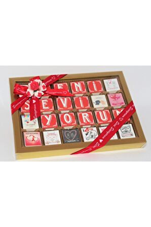 Dark Brown Harfle Seni Seviyorum Yazılı Çikolata Kutusu 72'li Madlen Gerçek Çikolata