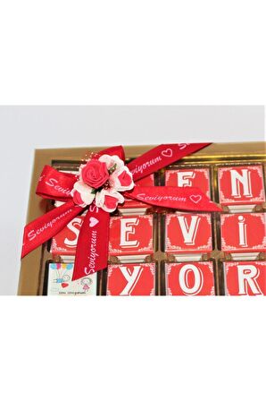 Dark Brown Harfle Seni Seviyorum Yazılı Çikolata Kutusu 72'li Madlen Gerçek Çikolata