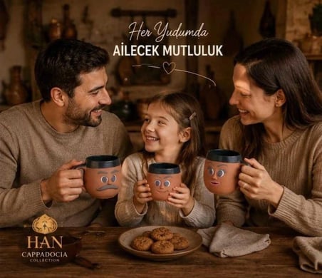 Kapadokya Çömlek Emojili Kahve Aile Kupa Seti 3lü