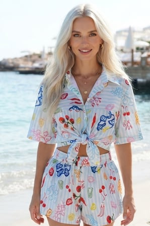 Kadın Meyve Desenli Plaj Şortu Yüksek Bel Yazlık Pijama Tatil Şort Rahat Kesim Deniz Şortu Resort W