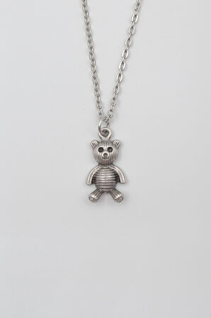 Oyuncak Ayıcık Düz Ezme Zincir Kolye - Antik Gümüş Kaplama - Kadın Erkek - 60 cm