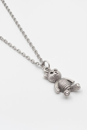 Oyuncak Ayıcık Düz Ezme Zincir Kolye - Antik Gümüş Kaplama - Kadın Erkek - 60 cm