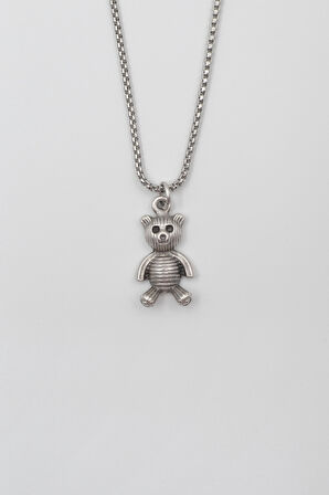 Oyuncak Ayıcık Örme Zincir Kolye - Antik Gümüş Kaplama - Kadın Erkek - 60 cm