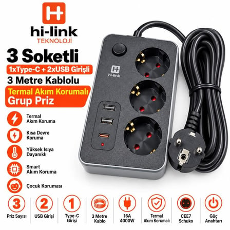 hi-link 3 Soketli 1xTypeC+2xUSB Girişli 3 Metre Kablolu Termal Akım Korumalı Grup Priz