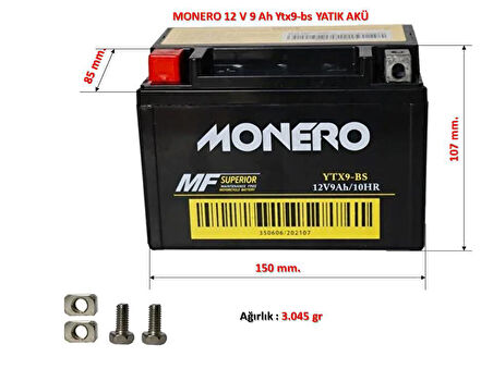 Monero Bajaj Dominar 400 D 250 Aküsü 12 V 9 Ah Ytx9-bs Yatık