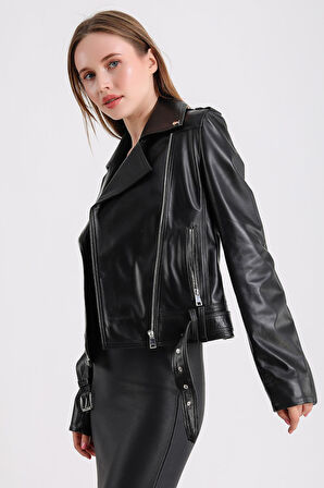 Milenni Kadın Deri Biker Ceket