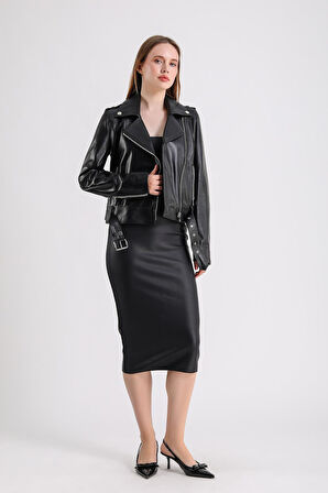 Milenni Kadın Deri Biker Ceket