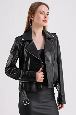 Milenni Kadın Deri Biker Ceket