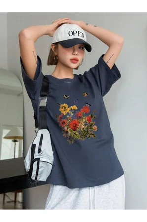 Unisex Renkli Çiçekler Baskılı Tasarım Tshirt