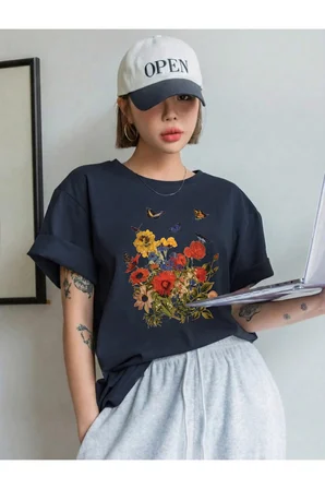 Unisex Renkli Çiçekler Baskılı Tasarım Tshirt