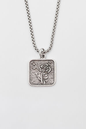 Otantik Gül Örme Zincir Kolye - Antik Gümüş Kaplama - Kadın Erkek - 60 cm