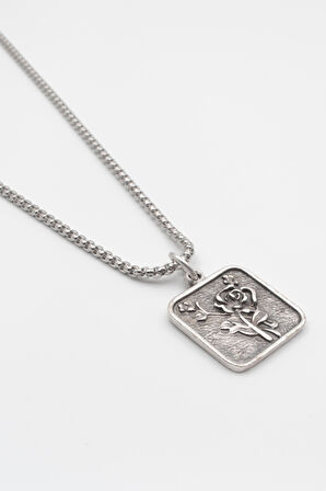 Otantik Gül Örme Zincir Kolye - Antik Gümüş Kaplama - Kadın Erkek - 60 cm