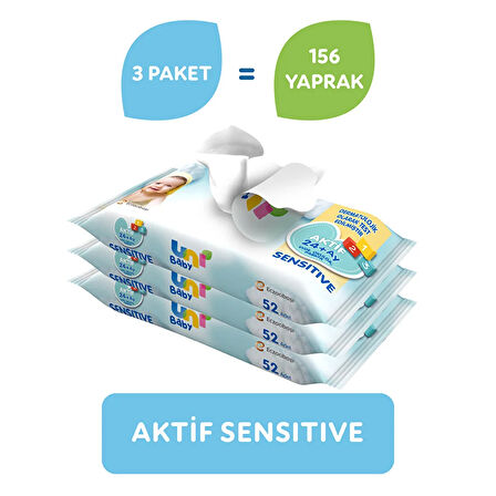 Aktif Sensitive Bebek Islak Mendil 24+ Ay 3x52 Adet (5 ADET)