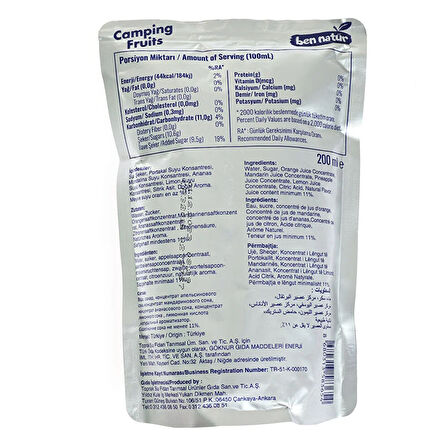Camping Fruits Portakallı, Mandalinalı, Ananaslı Karışık Meyveli İçecek 200 ml