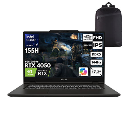 MSI VenturePro 17 AI Ultra 7-155H 32-GBDDR5 2 TBSSD RTX4050 (6GB-GDDR6) 17.3" FHD Freedos + HMF Sırt Çantası A1VEG-014XTRHMF9