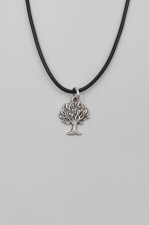 Hayat Ağacı Siyah Deri İp Kolye - Antik Gümüş Kaplama - Kadın Erkek - 60 cm