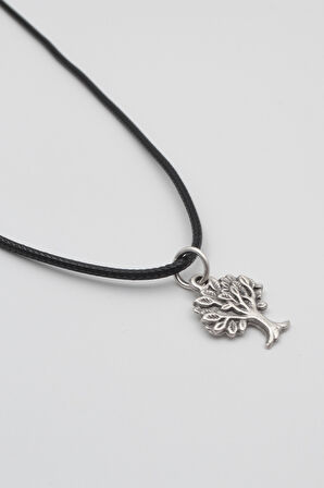 Hayat Ağacı Siyah Deri İp Kolye - Antik Gümüş Kaplama - Kadın Erkek - 60 cm