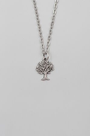 Hayat Ağacı Düz Ezme Zincir Kolye - Antik Gümüş Kaplama - Kadın Erkek - 60 cm