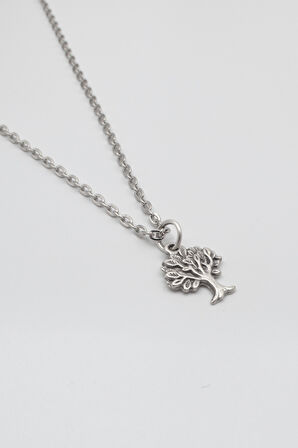 Hayat Ağacı Düz Ezme Zincir Kolye - Antik Gümüş Kaplama - Kadın Erkek - 60 cm